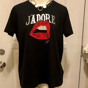 GUESS Black T-Shirt with Red Lips Crystal and Silver 'J'adore' Graphic NWT XL